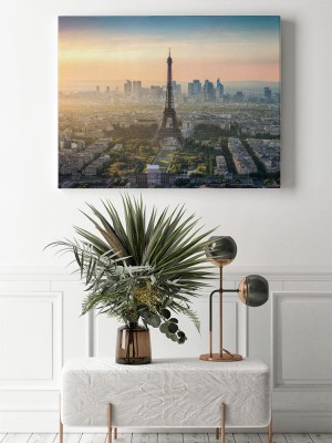 Obrazy do salonu Panorama Paryża z Wieży Eiffla i La Defense o zachodzie słońca