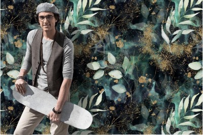 Tapeta Abstrakcyjny kwiatowy wzór na ziemnym tle ze złotym brokatem