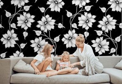 Tapeta czarno-biały wzór kwiatowy na czarnym tle