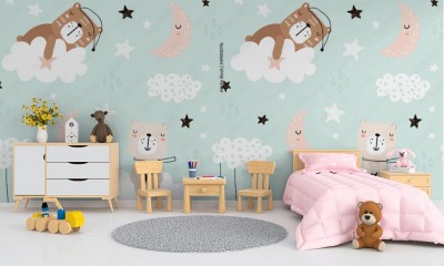 Fototapeta z wzorem śpiącego misia do pokoju dziewczynki