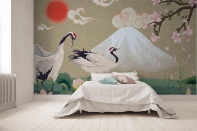 Fototapeta Orientalna ilustracja z kwitnącą magnolią i żurawiami przy zmierzchu
