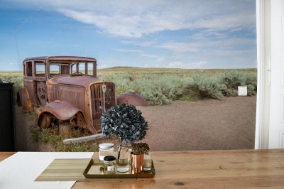 Fototapeta Wrak retro samochodu na pustyni