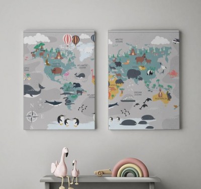 Obraz na płótnie Mapa świata ze zwierzętami w pastelowych kolorach