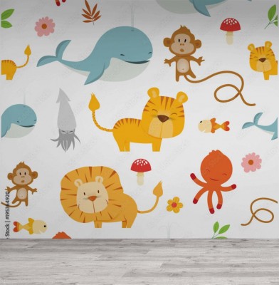 Fototapeta dziecięca z ilustrowanymi kolorowymi zwierzętami