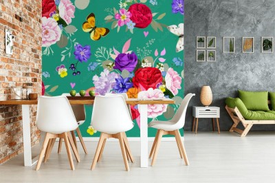 Tapeta z pięknymi bukietami i motylami