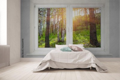 Fototapeta Widok z okna o zachodzie słońca w lesie