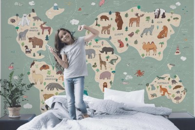 Fototapeta Rysowane zwierzęta na mapie świata