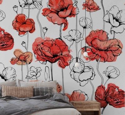 Fototapeta Seamless floral decorative pattern with red flowers and buds  Poppies, shirley, canker rose, Papaver  Endless spring texture for your design, fabrics, decor  Graphic illustration with watercolour  