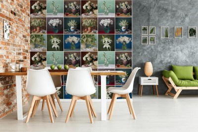 Fototapeta z mozaiką bukietów białych kwiatów w wazonie