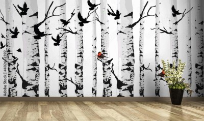 Fototapeta Brzoza z czarnymi ptakami