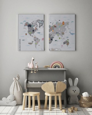 Obrazy do salonu Mapa świata ze zwierzętami w kolorach kawy z mlekiem