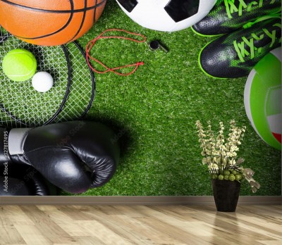 Fototapeta Różne narzędzia sportowe na trawie