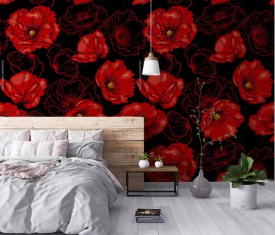 Fototapeta Red poppy on black background  Vector seamless pattern