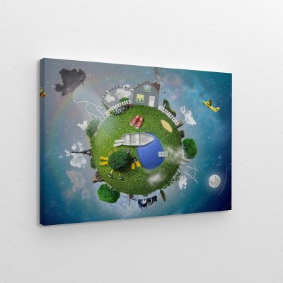 Obraz na płótnie Mała planeta z domem i parkiem dla dzieci