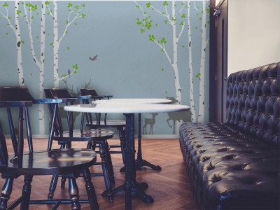 Fototapeta Brzoza z sylwetką ptaka i jelenia