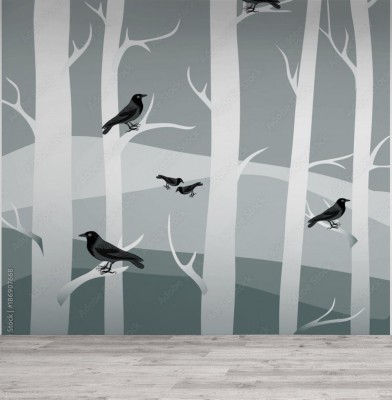 Fototapeta Zimowe drzewa z czarnymi krukami