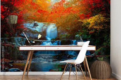 Fototapeta Piękna jesienna panorama mieniących się kolorowych liści nad wodospadem