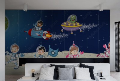 Naklejka na szafę Animowani astronauci na Księżycu ze statkiem kosmicznym