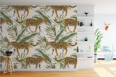 Tapeta Modne motywy tropikalnych roślin i lampartów 