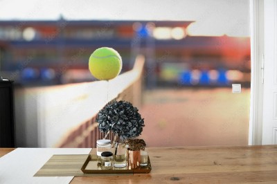 Fototapeta Jasnozielona żółta piłka tenisowa uderzająca w siatkę