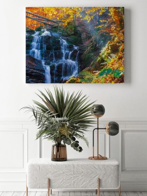 Obrazy do salonu Złote liście nad wodospadem