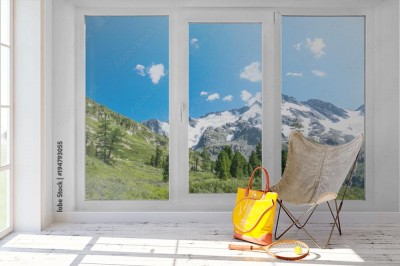 Fototapeta Widok na krajobraz przez nowoczesne okno w pokoju