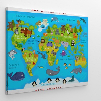 Obrazy do salonu Mapa świata z słodkimi zwierzętami