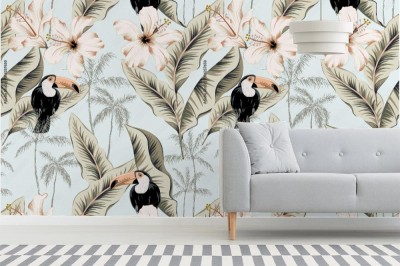 Tapeta Tukany i białe kwiaty hibiskusa