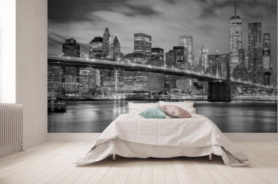 Fototapeta Klasyczne retro ujęcie panoramy Nowego Jorku przedstawiające Manhattan i Brooklyn Bridge w czarno-białych barwach