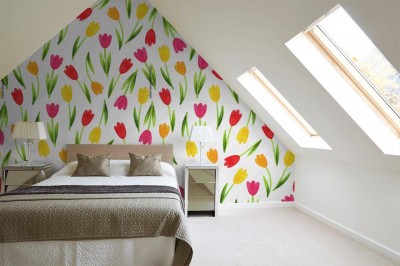 Fototapeta Wiosenny wielokolorowy wzór z rozrzuconymi kwiatami tulipana