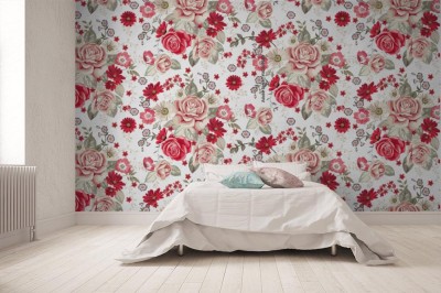 Fototapeta z bladymi różami i czerwonymi kwiatami na białym tle