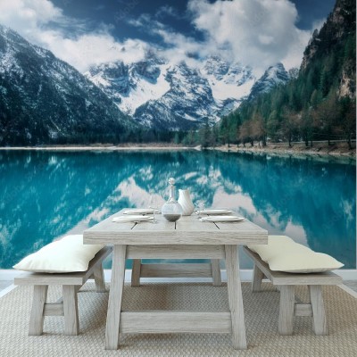 Fototapeta Górskie jezioro z doskonałym odbiciem w słoneczny, jesienny dzień