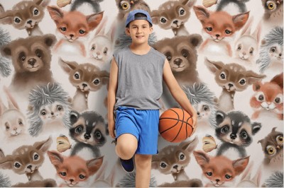 Tapeta do pokoju dziecka z malowanym akwarelą portretem leśnych zwierzaków