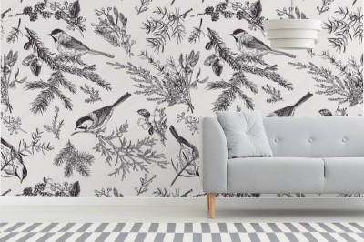 Fototapeta do salonu w stylu vintage z ptakiem siedzącym na gałęzi