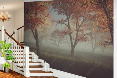 Fototapeta Jesienny las we mgle