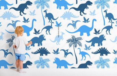 Fototapeta wzór z kolorowymi błękitnymi dinozaurami