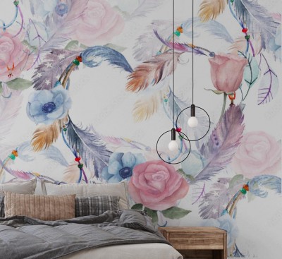 Tapeta Kwiatowy wzór z serca i piór