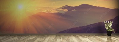 Fototapeta Jesienny krajobraz mglistych wzgórz o wschodzie słońca