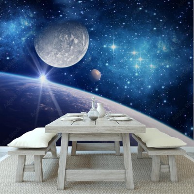 Fototapeta Tło z planetą, księżycem i gwiazdą