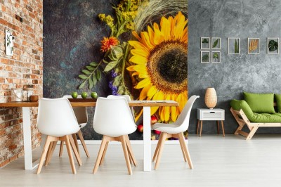 Fototapeta w słoneczniki z jagodami i kwiatami