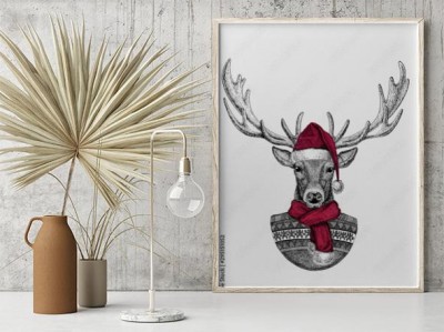 Plakat Portret dzikiego jelenia w kapeluszu Świętego Mikołaja