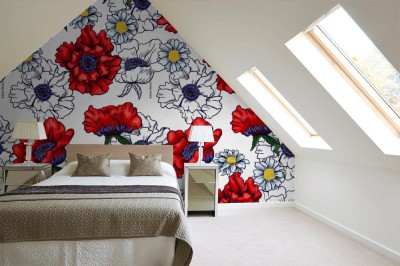 Fototapeta Vector seamless horizontal border with red poppy and chamomile  Graphic illustration for print 