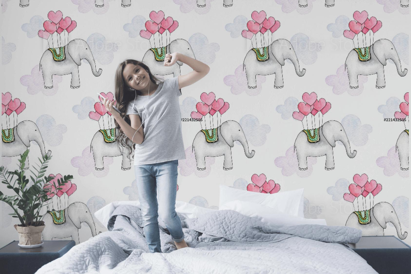 Tapeta do pokoju dziewczynki z uroczymi słonikami